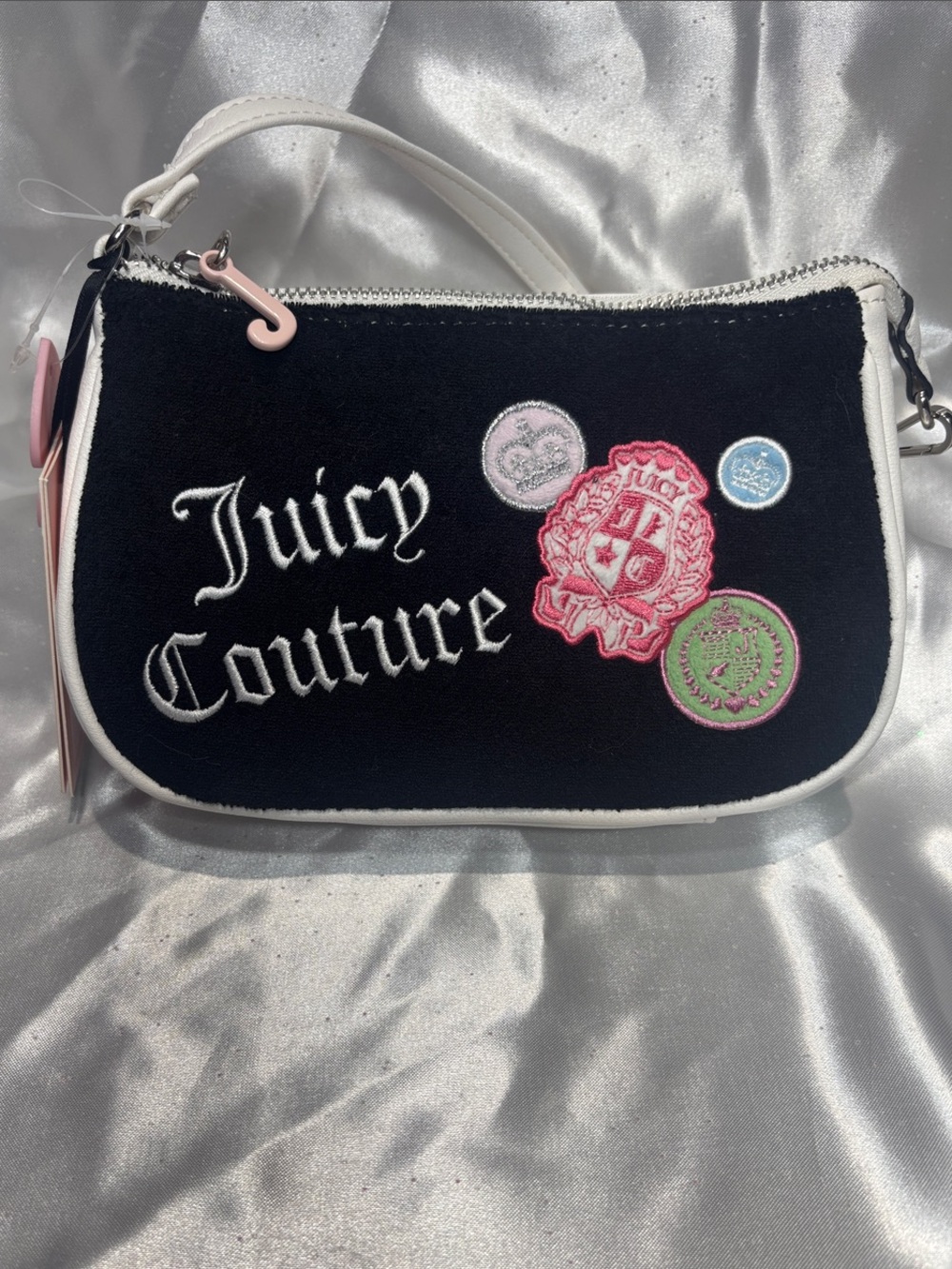 NWT Juicy Couture Black Wristlet with White Trim and Pastel Patch Accents